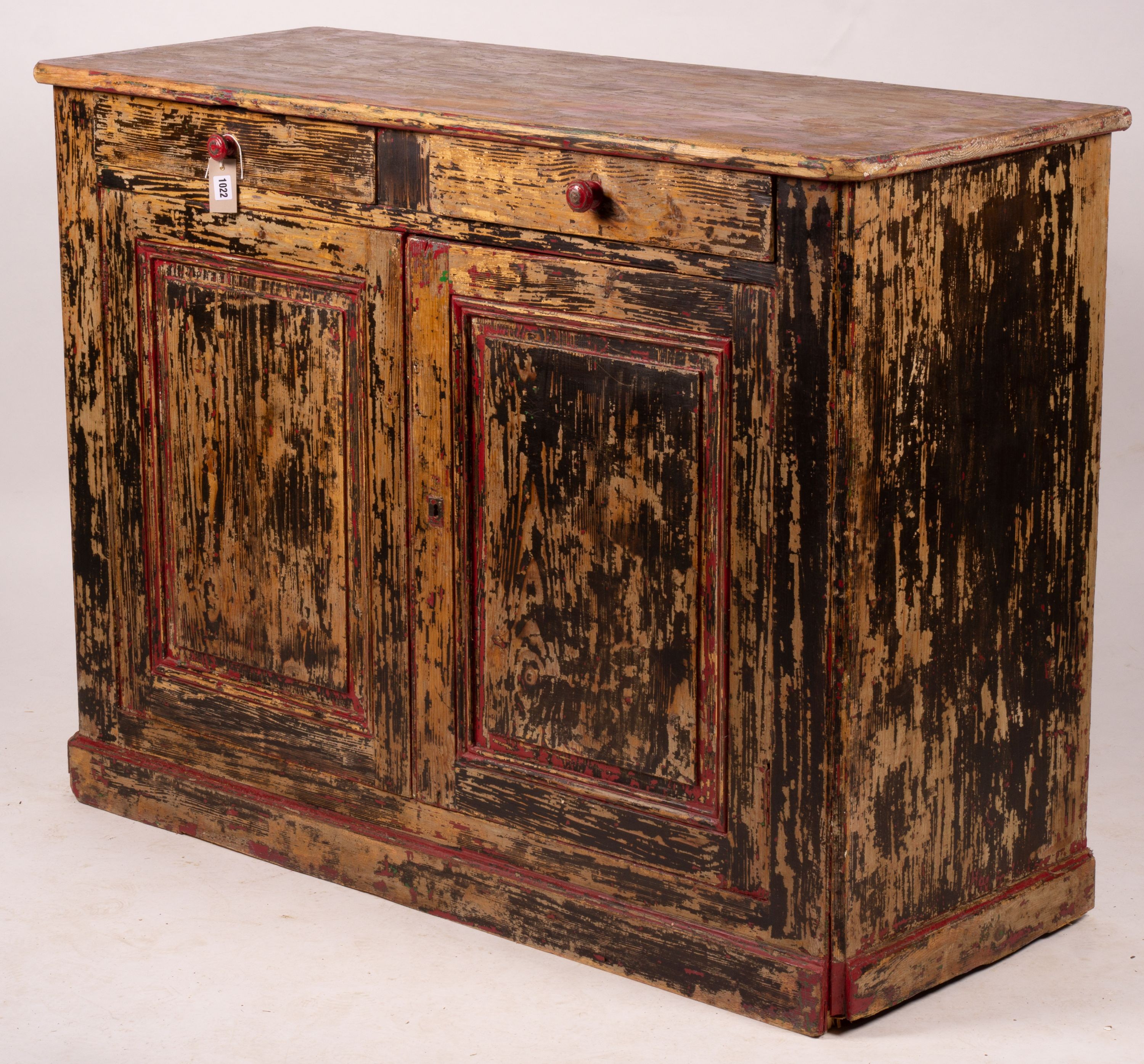 A 19th century French painted pine two door cabinet with scraped finish, width 140cm, depth 57cm, height 105cm